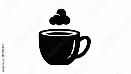 Black silhouette of a steaming coffee cup icon.