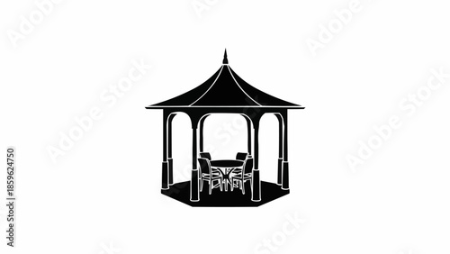 Black silhouette of a gazebo with table and chairs inside.