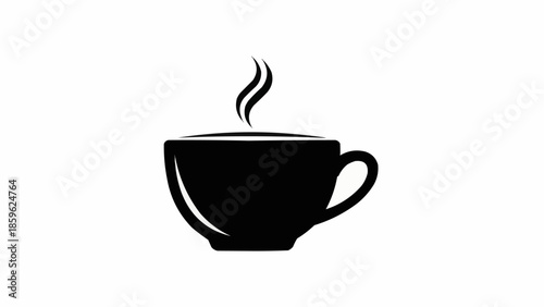 Black silhouette of a steaming coffee cup on a white background.