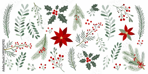 Festive winter botanicals holly pine poinsettia and berry arrangements on white background