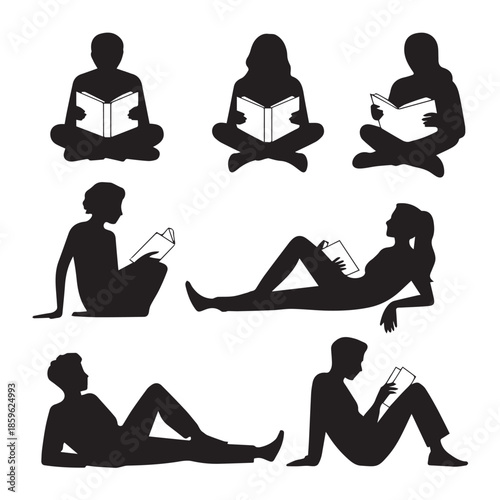 Black Silhouettes of Readers Relaxing with Books, Isolated on White Background.
