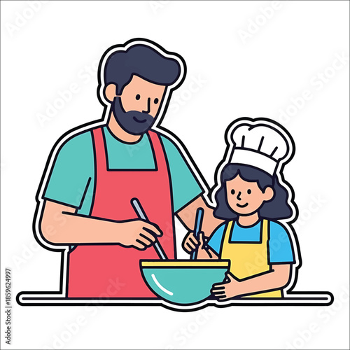 Man and child mixing batter in a bowl with spoons wearing aprons vector illustration