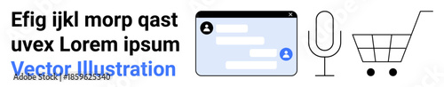 Digital communication, speech recognition, e-commerce, online chat, future technology, message interface. Black and white chat window, microphone and shopping cart icons. Digital communication