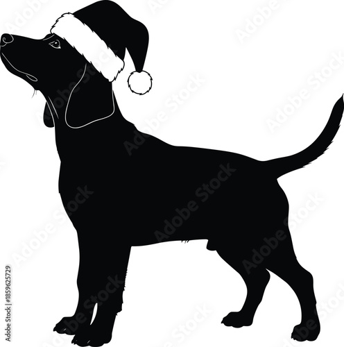 Silhouette of a black dog wearing a santa hat with a festive christmas theme