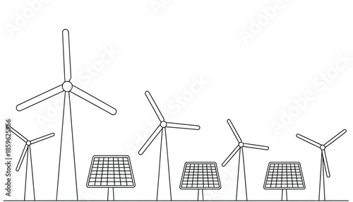 renewable energy vector illustration with wind turbines and solar panels symbolizing clean power generation sustainable development green environment and alternative energy sources.
