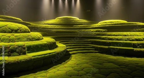 Mossy terraced landscape under soft spotlight