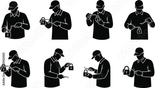 Silhouettes of lock picking actions, security testing, padlock manipulation, locksmith tools, black figures, technique stages, access method, cap-wearing person