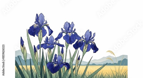 Beautiful blue irises blooming in a field