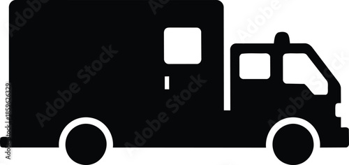 Black and white icon of a delivery truck symbolizing logistics and transportation services.