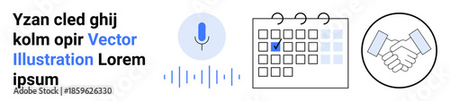 Time management, business planning, voice technology, team collaboration, corporate agreements, scheduling. Symbols include a microphone, calendar and handshake. Business planning and team