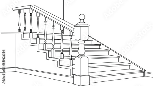 Classic wooden staircase vector illustration, traditional indoor stairs with decorative banister and balusters line art