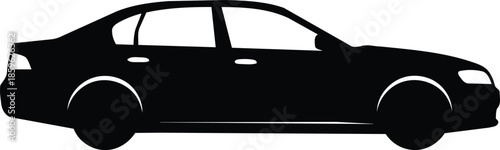 Black silhouette of a sedan car side view isolated on a white background vector illustration.