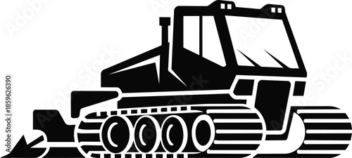 Bulldozer or tracktype tractor in black and white.