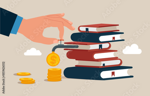 Businessman with stacks of books and  opening water tap. Dollar coins out of the tap. Good rating, positive reviews, prestigious university. Payment for education. Tuition fees, scholarship. 