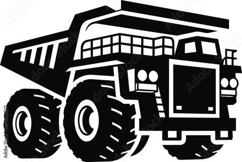 Heavyduty mining dump truck black and white illustration.