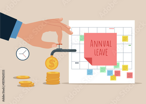 Paid leave. Businessman opening water tap from big calendar and money is pouring out of the tap. Flat modern vector illustration. 