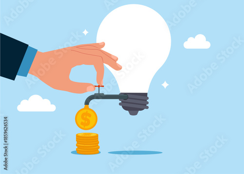 Hand with brightly lit light bulb and opening water tap. Dollar coins out of the tap. Business idea to make money or profit. Flat vector illustration