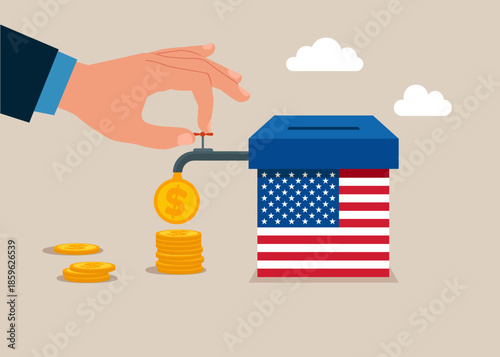 Businessman with box with flag USA and opening water tap. Dollar coins out of the tap. Charity fundraising and generosity.  Flat vector illustration 