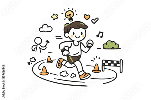 Runner's Confident Posture. Doodle-style vector icon of a runner learning proper form, slightly more confident posture, bent arms,