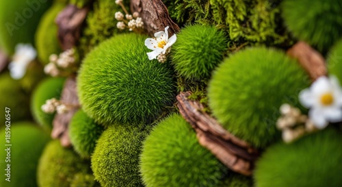 Moss balls with white flowers in a natural setting