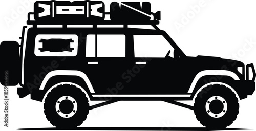 Offroad vehicle with roof rack for adventure travel.