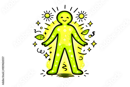 Glowing Detox Silhouette. Doodle-style vector icon of a fully activated detox body map, entire silhouette glowing evenly with