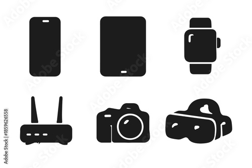 Smart Device Icons. Solid vector icons of smart devices: smartphone, tablet, smartwatch, router, camera, VR headset No text, No