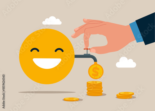Clean money. Hand opening water tap from paragraph and money is pouring out of the tap. Happy face. Flat vector illustration