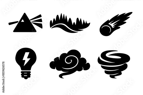 Sky Phenomena Icons. Solid style icons of Sky Phenomena: rainbow prism, aurora wave, comet feather, thunderbolt lamp, cloud swirl,