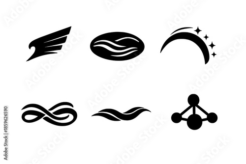 Earthly Flow Icons. Solid style icons of Earthly Flow: drift wing, sand mark, luminous arc, soft thread, flowing line, grounded