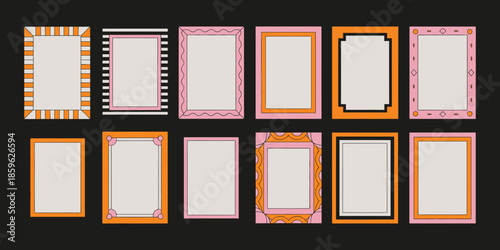 Hand-drawn frames artwork with curly ribbons, wavy borders, and abstract retro line patterns, ideal vector elements for invitations, social media posts, and poster designs.