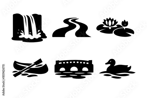 River and Lake Icons. Solid vector icons of river and lake scenes: waterfall, river bend, lily pad, canoe, bridge, duck No text,