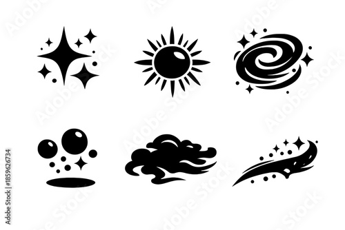 Magical Vector Effects. Solid vector icons of abstract magical effects: spark, glow, swirl, floating light, mist, trail No text,