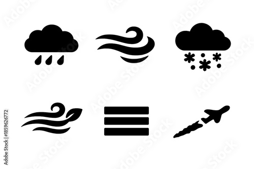 Subtle Weather Icons. Solid vector icons of subtle weather effects: drizzle, mist swirl, snow flurry, haze, light breeze, vapor