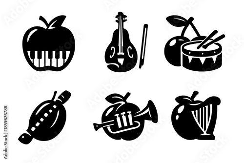 Orchard Music Icons. Solid style icons of Orchard Music: apple piano, pear violin, cherry drum, plum flute, peach trumpet, apricot