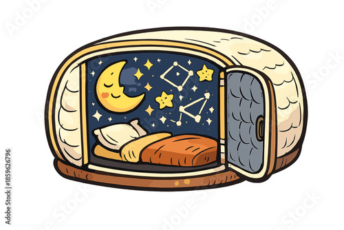 Dreamy Sleep Capsule. Doodle-style vector icon of a sleep capsule tent with soundproof walls, inside showing twinkling