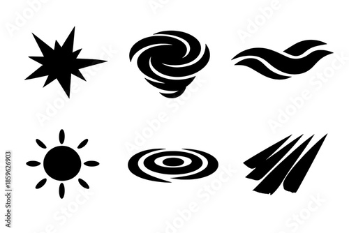 Abstract Energy Icons. Solid vector icons of abstract creative energy: spark, swirl, ribbon, glow, ripple, beam No text, No labels