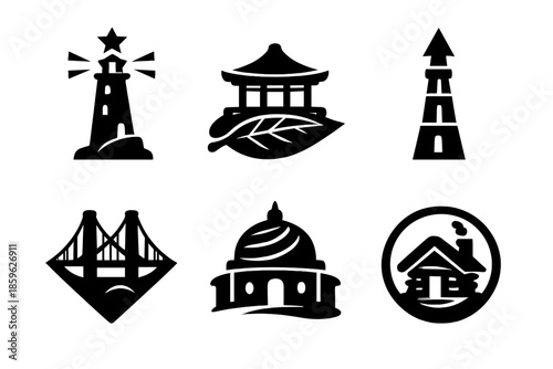 Iconic Structure Icons. Solid style icons of Iconic Structures: lighthouse star, pavilion leaf, tower arrow, dome spiral, bridge