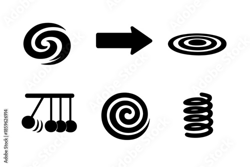 Dynamic Motion Icons. Solid vector icons of motion and dynamics: swirl, arrow, ripple, pendulum, spiral, spring No text, No labels