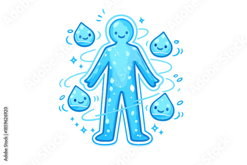 Hydrated Body Doodle. Doodle-style vector icon of a fully hydrated body map, entire silhouette evenly glowing with water energy,