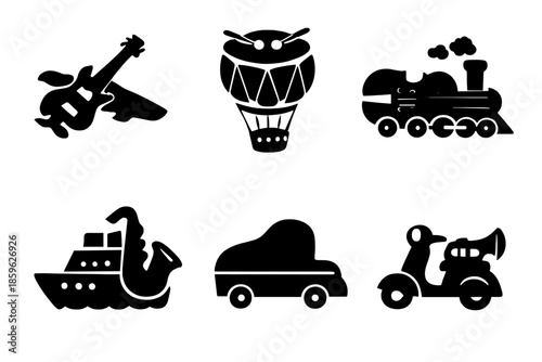 Musical Vehicle Icons. Solid vector icons of musical vehicles: guitar plane, drum balloon, violin train, saxophone ship, piano car