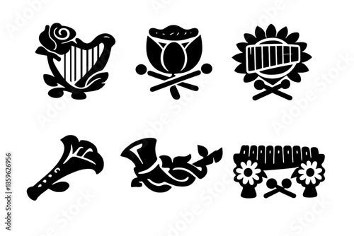 Garden Sound Icons. Solid style icons of Garden Sounds: rose harp, tulip drum, sunflower xylophone, lily flute, vine trumpet,
