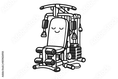 Doodle Home Gym Icon. Doodle-style vector icon of an all-in-one home gym station resting in compact mode, calm and satisfied