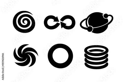 Circular Motion Icons. Solid vector icons of circular motion: spiral, loop, orbit, swirl, ring, coil No text, No labels, isolated