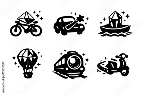 Magical Transport Icons. Solid style icons of Magical Commuting: bicycle prism, car wand, boat crystal, hot air balloon gem, train