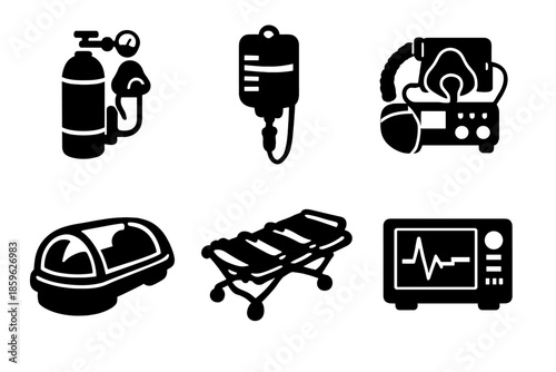 Life Support Icons. Solid vector icons of life support systems: oxygen tank, IV bag, respirator, medical pod, space stretcher, bio