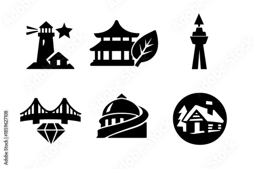 Iconic Structure Icons. Solid style icons of Iconic Structures: lighthouse star, pavilion leaf, tower arrow, dome spiral, bridge