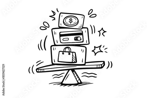 Unsteady Budget Blocks. Doodle-style vector icon of an unstable budget construction, expense blocks tilting and wobbling, motion