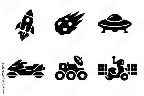 Cosmic Transport Icons. Solid vector icons of cosmic transport: rocket, comet, spaceship, hover bike, lunar rover, satellite