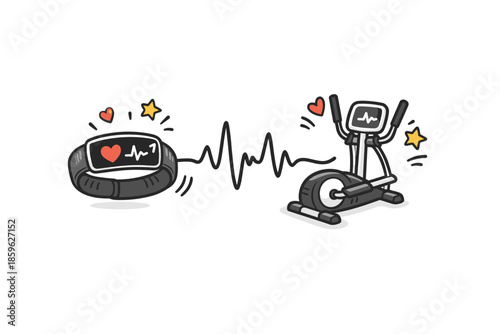Harmony in Fitness. Doodle-style vector icon of harmony between pulse and motion, cardio machine and fitness band beating together